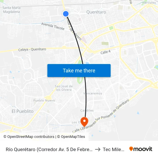 Río Querétaro (Corredor Av. 5 De Febrero) to Tec Milenio map