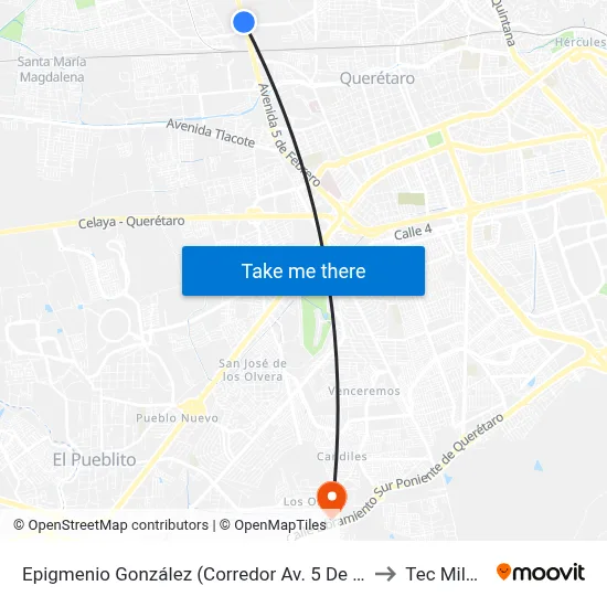 Epigmenio González (Corredor Av. 5 De Febrero) to Tec Milenio map