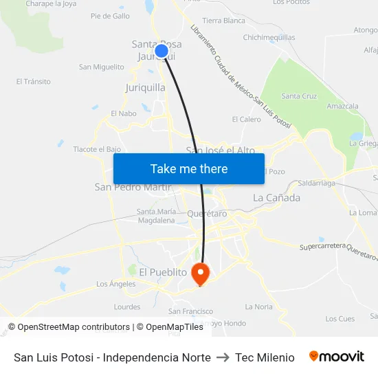 San Luis Potosi - Independencia Norte to Tec Milenio map