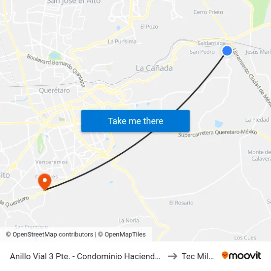 Anillo Vial 3 Pte. - Condominio Hacienda Miranda to Tec Milenio map