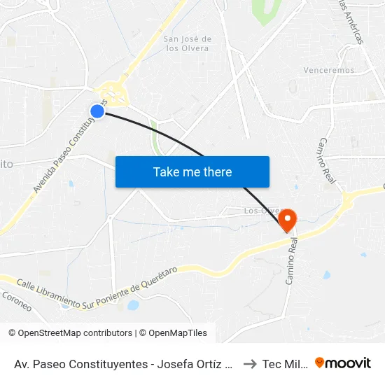 Av. Paseo Constituyentes - Josefa Ortíz De Domínguez to Tec Milenio map