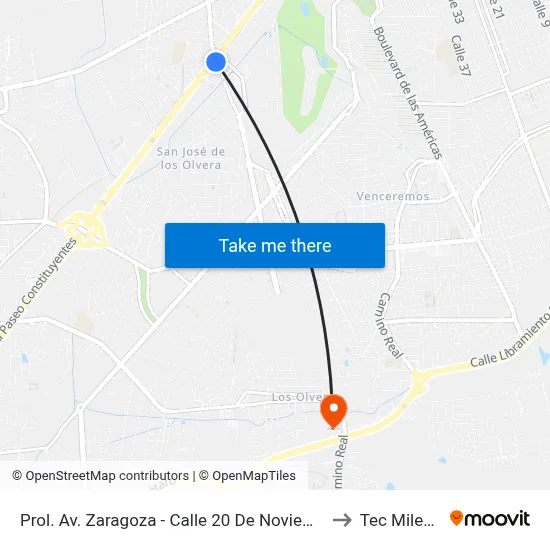 Prol. Av. Zaragoza - Calle 20 De Noviembre to Tec Milenio map