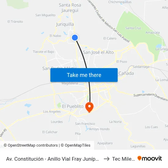 Av. Constitución - Anillo Vial Fray Junípero Serra to Tec Milenio map