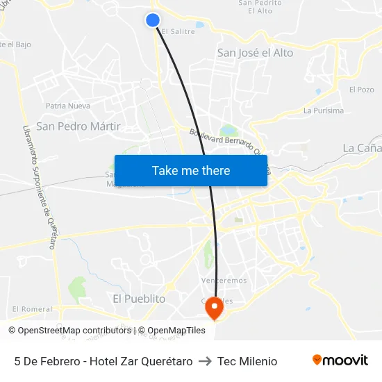 5 De Febrero - Hotel Zar Querétaro to Tec Milenio map