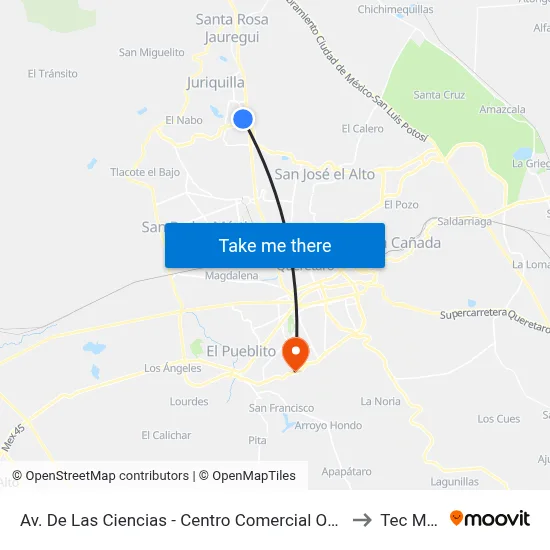 Av. De Las Ciencias - Centro Comercial Omnicentro Juriquilla to Tec Milenio map