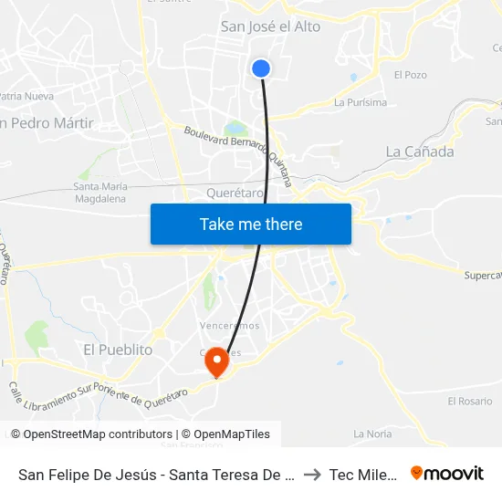 San Felipe De Jesús - Santa Teresa De Asís to Tec Milenio map
