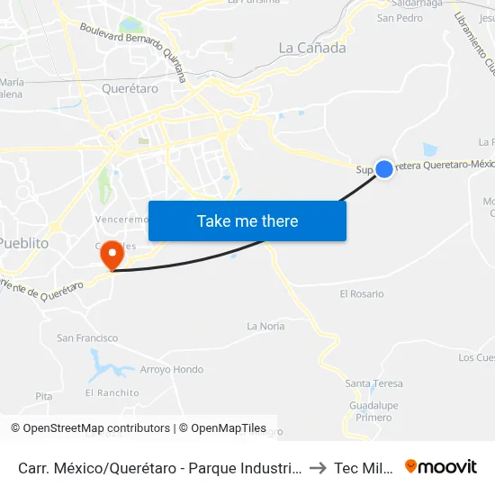 Carr. México/Querétaro - Parque Industrial La Noria to Tec Milenio map