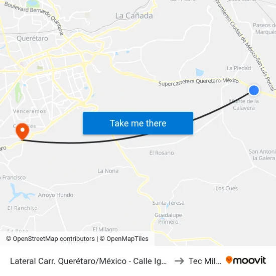 Lateral Carr. Querétaro/México - Calle Ignacio Zaragoza to Tec Milenio map