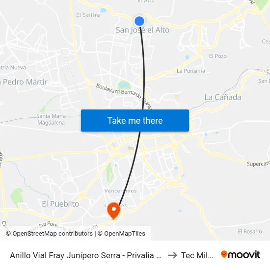 Anillo Vial Fray Junípero Serra - Privalia Ambienta to Tec Milenio map