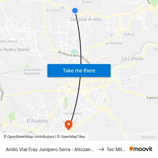 Anillo Vial Fray Junípero Serra - Altozano Querétaro to Tec Milenio map