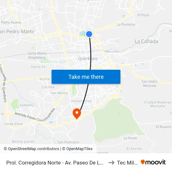 Prol. Corregidora Norte - Av. Paseo De La Constitución to Tec Milenio map