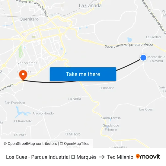 Los Cues - Parque Industrial El Marqués to Tec Milenio map