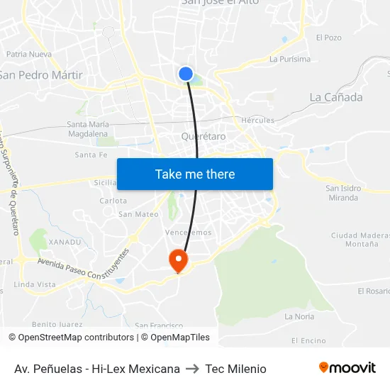 Av. Peñuelas - Hi-Lex Mexicana to Tec Milenio map