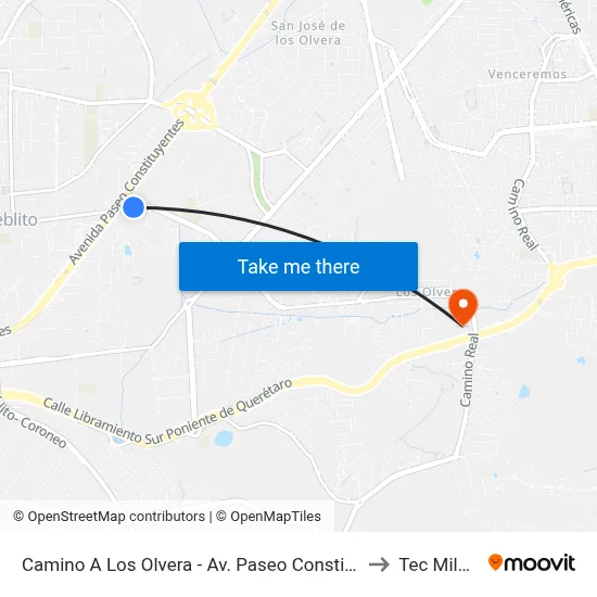 Camino A Los Olvera - Av. Paseo Constituyentes to Tec Milenio map