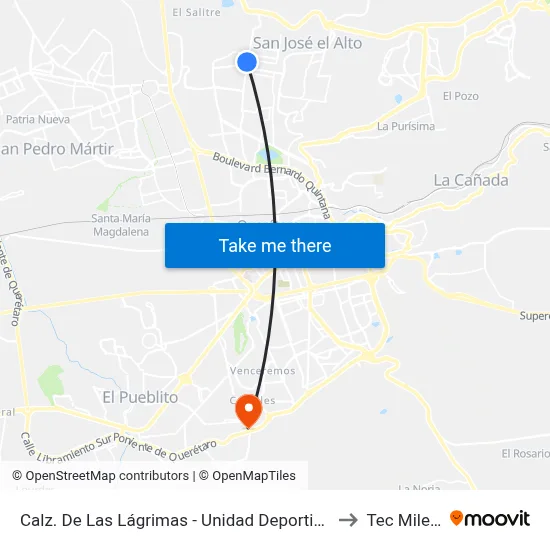Calz. De Las Lágrimas - Unidad Deportiva Belén to Tec Milenio map