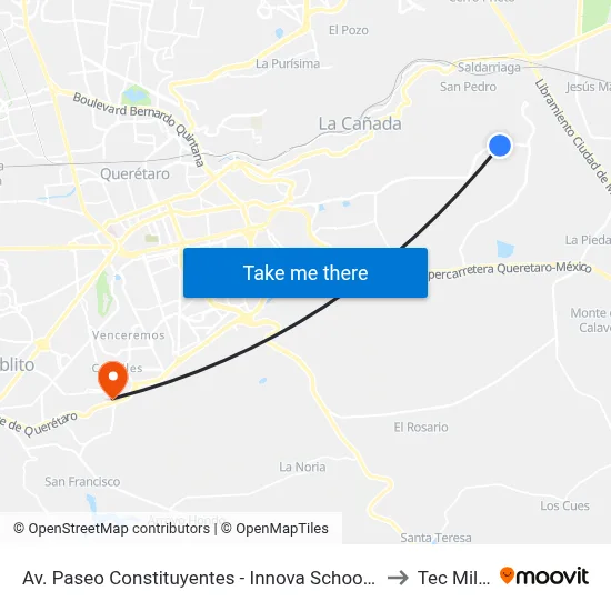 Av. Paseo Constituyentes - Innova Schools "El Marqués" to Tec Milenio map
