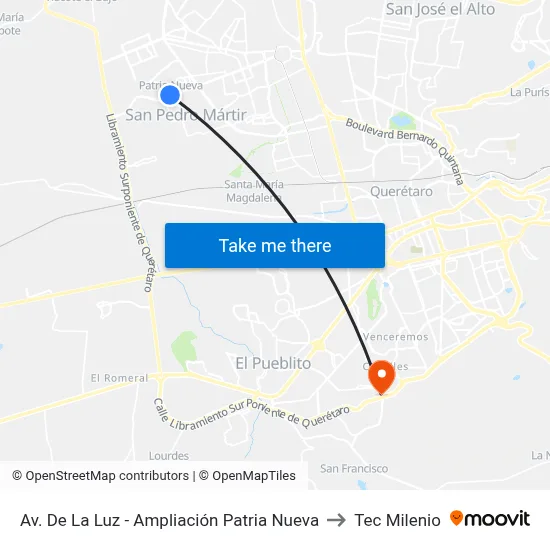 Av. De La Luz - Ampliación Patria Nueva to Tec Milenio map