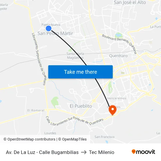 Av. De La Luz  - Calle Bugambilias to Tec Milenio map