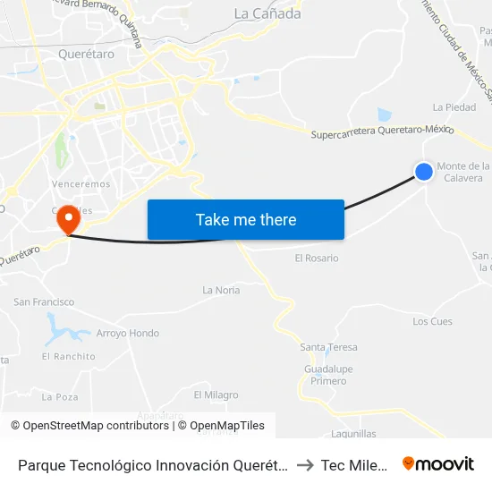 Parque Tecnológico Innovación Querétaro to Tec Milenio map
