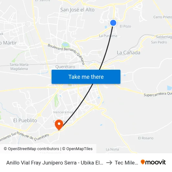Anillo Vial Fray Junípero Serra - Ubika El Refugio to Tec Milenio map