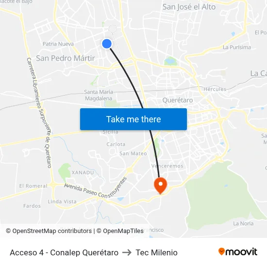 Acceso 4 - Conalep Querétaro to Tec Milenio map