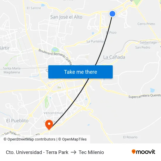 Cto. Universidad - Terra Park to Tec Milenio map