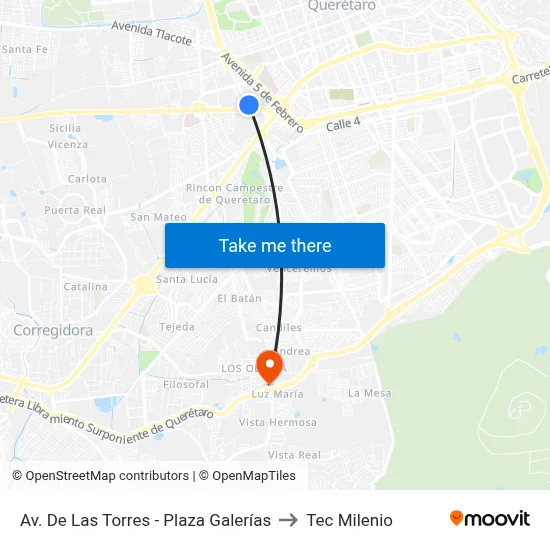Av. De Las Torres - Plaza Galerías to Tec Milenio map