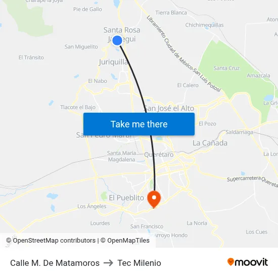 Calle M. De Matamoros to Tec Milenio map