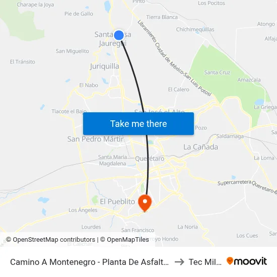 Camino A Montenegro - Planta De Asfalto Montenegro to Tec Milenio map