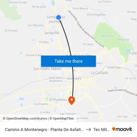 Camino A Montenegro - Planta De Asfalto Montenegro to Tec Milenio map