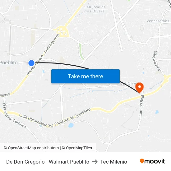 De Don Gregorio - Walmart Pueblito to Tec Milenio map