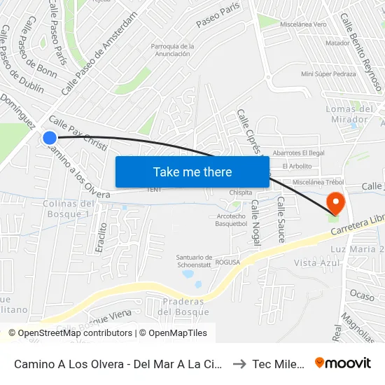 Camino A Los Olvera - Del Mar A La Ciudad to Tec Milenio map