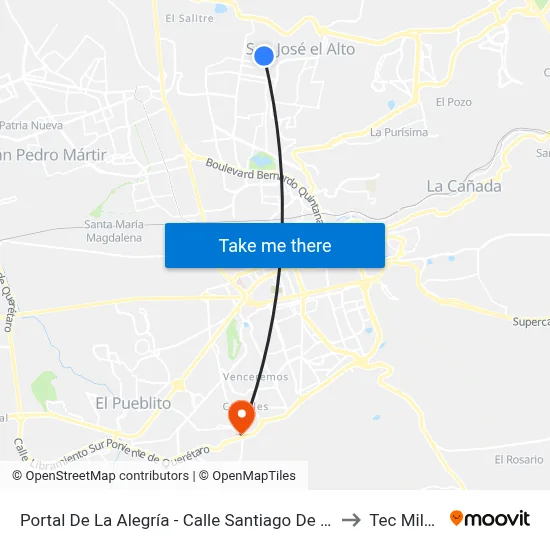 Portal De La Alegría - Calle Santiago De Querétaro to Tec Milenio map
