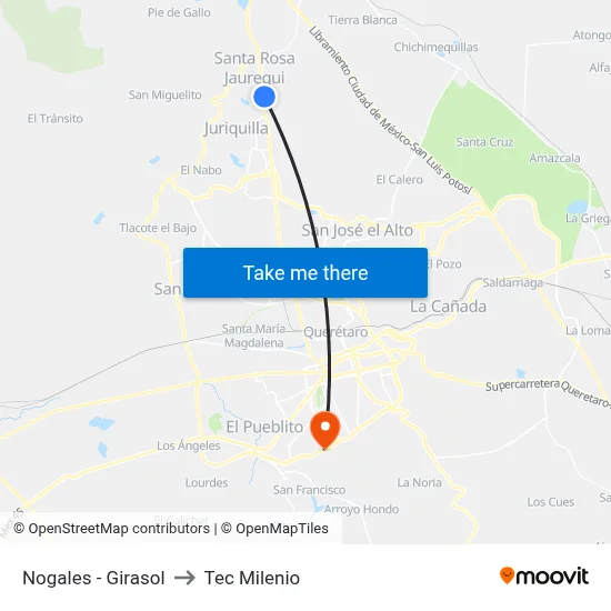 Nogales - Girasol to Tec Milenio map