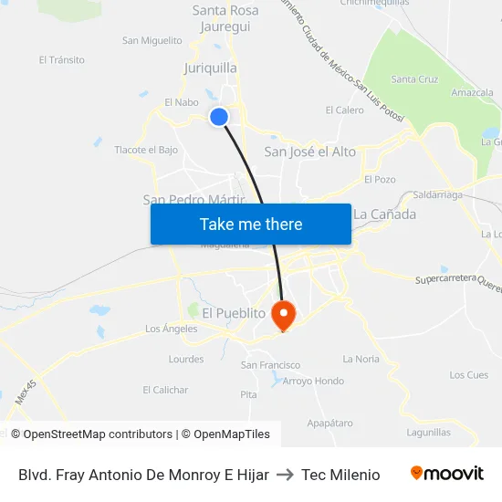 Blvd. Fray Antonio De Monroy E Hijar to Tec Milenio map