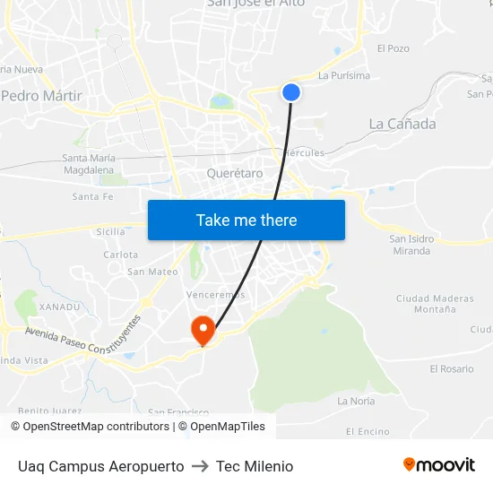 Uaq Campus Aeropuerto to Tec Milenio map