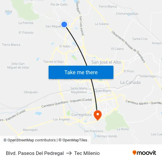 Blvd. Paseos Del Pedregal to Tec Milenio map
