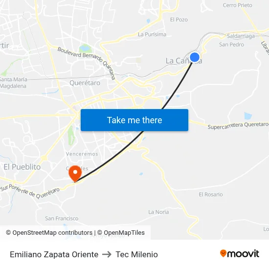 Emiliano Zapata Oriente to Tec Milenio map