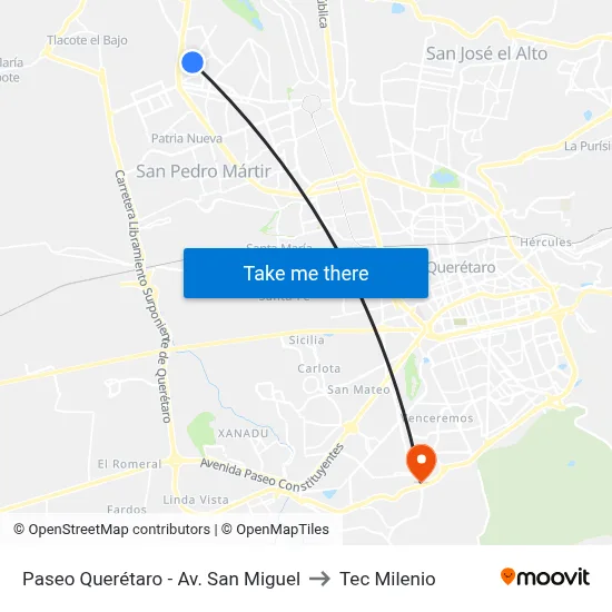 Paseo Querétaro - Av. San Miguel to Tec Milenio map
