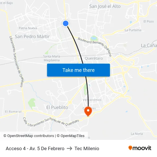 Acceso 4 - Av. 5 De Febrero to Tec Milenio map