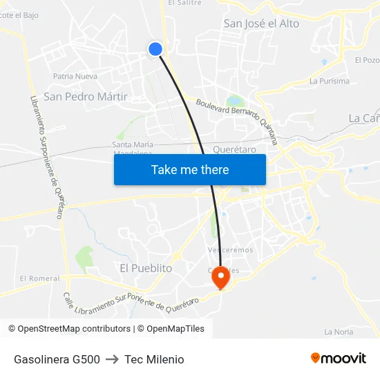 Gasolinera G500 to Tec Milenio map