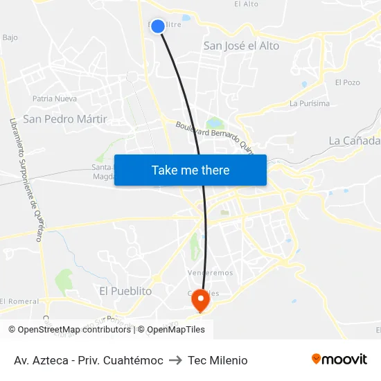Av. Azteca - Priv. Cuahtémoc to Tec Milenio map