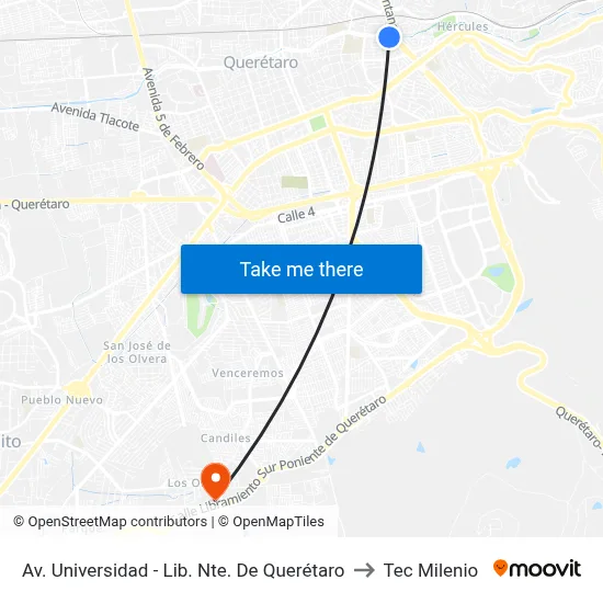 Av. Universidad - Lib. Nte. De Querétaro to Tec Milenio map
