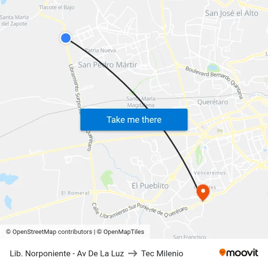 Lib. Norponiente - Av De La Luz to Tec Milenio map