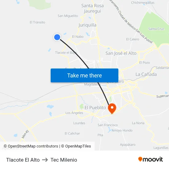 Tlacote El Alto to Tec Milenio map