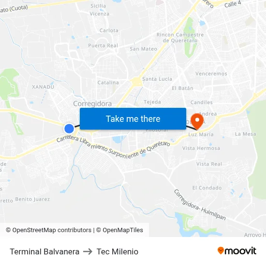 Terminal Balvanera to Tec Milenio map