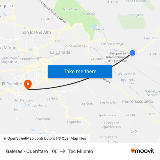Galeras - Querétaro 100 to Tec Milenio map
