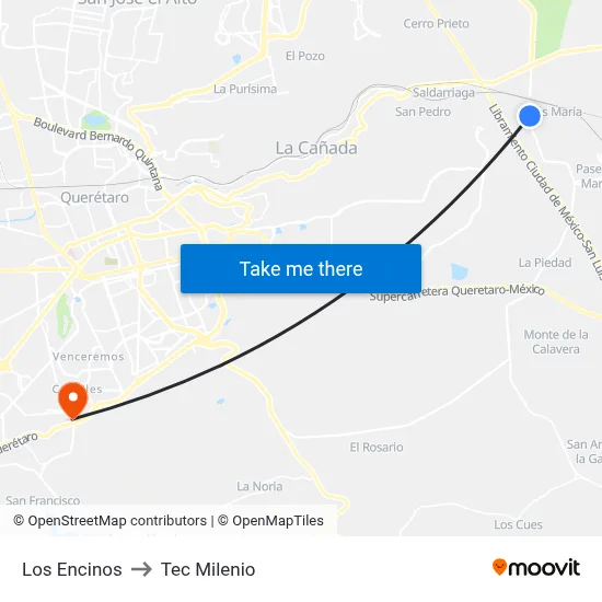 Los Encinos to Tec Milenio map