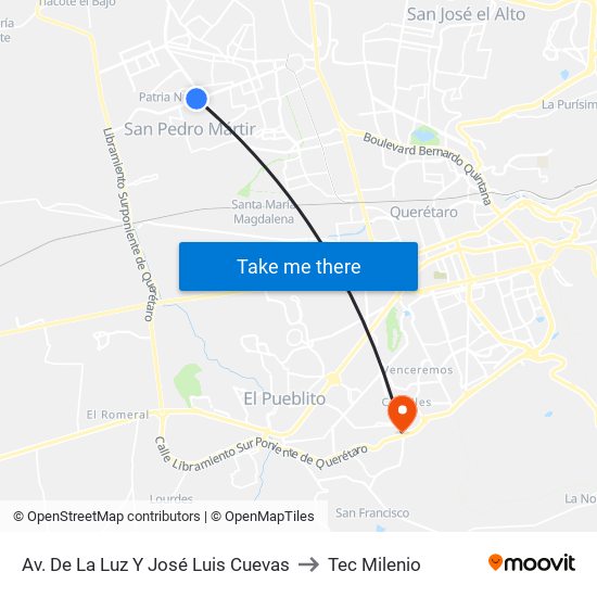 Av. De La Luz Y José Luis Cuevas to Tec Milenio map