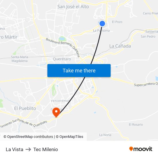 La Vista to Tec Milenio map